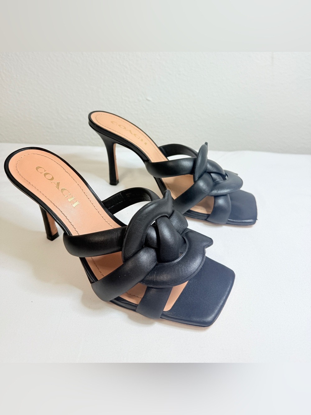 Coach Black Leather Knot Mule Heels Square Toe Size 8 Kellie